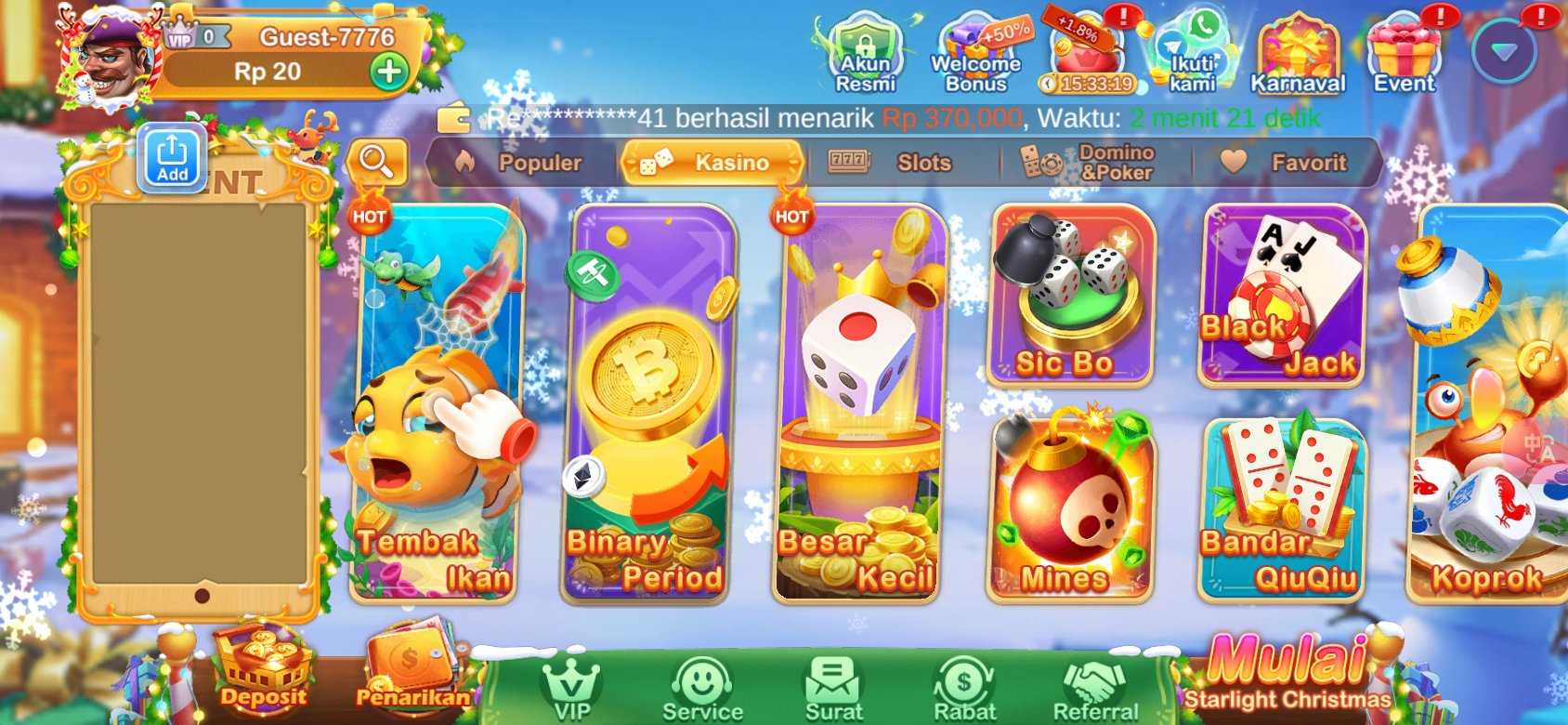 Game kasino populer seperti Tembak Ikan dan Sic Bo tersedia di Dot K3K3.